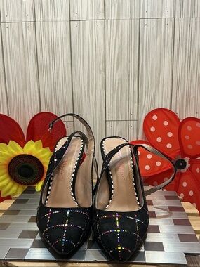 Betsey Johnson Black Pointed Slingback Heels with Multicolor Stud Grid